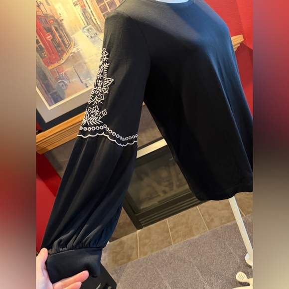LOFT Black Long Sleeve Top with Embroidered Details - Picture 3 of 8